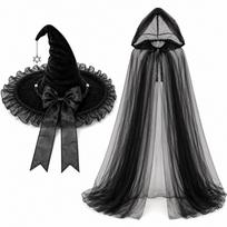 Role Play Helovino raganos skrybėlės ir apsiausto rinkinys su gobtuvu, tinklinis Helovino Cosplay apsiaustas su gobtuvu, kostiumo aksesuaras violetinė