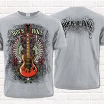 Rock 'n' Roll Pilki marškinėliai su gitara. Muzikos drabužiai. Roko mada. 2XL gray