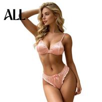 Soft Fabric Bra Women's And Panty Set, Satin 2 Piece Underwear Triangle Adjustable Shoulder Straps No Underwire Bralette with Ruffle Thong, M brown