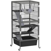 4-Tier Small Animal Cage with Ramps, Platforms, Hammock and Wheels, 52x52x115 cm, Grey
