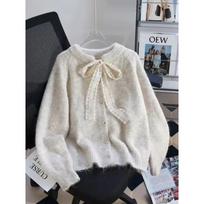 Autumn Winter Bow Tie Lace Up Women Cardigan Sweater Knit Long Sleeve Coats Loose Fit Jackets Sweet Solid Color Casual Clothing One Size raudona