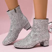 Fashion Women's Sparkling Silvers Glitter Ankle Boots Fashion Chunky Mid Heel Zipper Short Boots Women Round Toe Plus Size Botas Mujer 42 sidabras