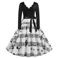 Ladies Vintage Dress V Neck Flower Edge A-line Bow Decor Big Swing Plaid Print Midi Dress Contrast Color Long Sleeve Gothic Party Performance Dress XL black