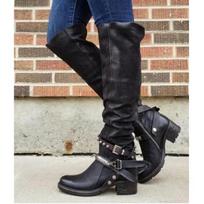 Women Winter Leather Punk Style Knee Boots Vintage Zip Belt Buckle Plus Size Combat Boots 38 gray
