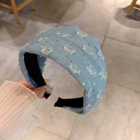 Fabric denim style sequined wide edge headband fashion simple college style headband temperament versatile niche hair accessories gray