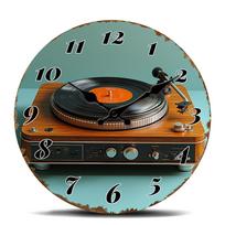 Vintažinis patefono sieninis laikrodis, Retro muzikinio stiliaus apvalus laikmatis, Medinis patefonas su oranžine etikete Dekoratyvinis laikrodis Hip 10 inch gray