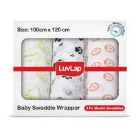 LuvLap 100% medvilnės muslino kūdikio suvystymo rinkinys, 3 vnt. pakuotė, kvėpuojantis minkštas kūdikio rankšluosčio apklotas naujagimiams, 120cm x 100cm Gyvūnai gray
