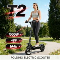 T2 sulankstomas elektrinis paspirtukas suaugusiems, 1000W variklis, 48V 16Ah baterija, maksimalus greitis 45 km/h, nuvažiuojamas atstumas 50 km, 10 colių visureigio padangos, nešiojamas T2-1000W48V16Ah-BK-YY