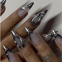 30Pcs French Tip 3D Silver Gel Press On Nails Almond Shape With Rhinestones High Quality Fake Nails For Girls Long stiletto black