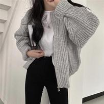 Autumn Winter Zipper Fashion Knitted Cardigans Women's Sweater Coat Warm Long Sleeved Solid Color Knitwear Tops Loose O-Neck Jackets Clothing one size abrikosas