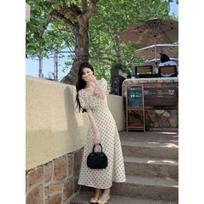 Real shot~ Lotus leaf edge bubble sleeve polka dot dress children's summer new French temperament waist dress S gray