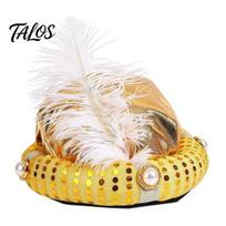 Glamorous Photo Shoot Headpiece Indian Sultan Hat, Shiny Sequins Feather Plume Cap, Novelty Arabian Exquisite Costume Hat for Festivals Prince auksinė