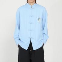 Men New Chinese Style Shirt Men Mandarin Collar Frog Button Shirts Men Embroidery Retro Casual Loose Top Male Long Sleeve Blouse 3XL šviesiai mėlyna spalva