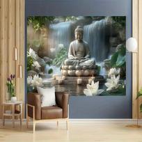 Zen Buddha Tapestry, Meditating Buddha with Waterfall and White Lotus, Spiritual Wall Art for Living Room Bedroom Decor 70x100cm28x39in gray