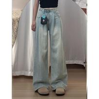 Blue old high-waisted loose jeans women's summer pleated design sense niche straight mopping wide-leg pants S
