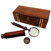 Vintage Travel Set – kelioninis rinkinys su kompasu, teleskopu ir lupa medinėje dėžutėje