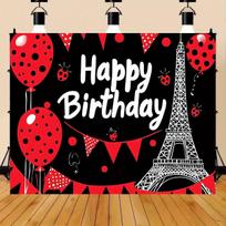 1 Ladybug themed birthday party banner background - Happy Birthday text with red ladybugs, balloons and Eiffel Tower designs 59×39inch/150*100cm white