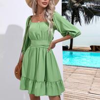 New Fashion Women's Trendy Ruffle Edge Square Neck Tie Up Short Skirt Summer Dress S