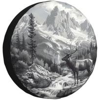 Mountain Elk Waterfall Landscape Spare Tire Cover Polyester Wheel Protector For SUV RV Truck 14inch