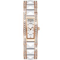 Elegant Ladies Slim Rectangle Quartz Wristwatch Shiny Full Crystal Rhinestone Ceramic & Alloy Band Luxury Small Dial Women Bracelet Watch balta/sidabras