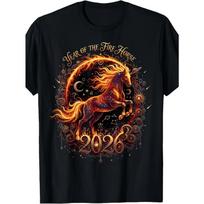 Europos dydis Ugninio Žirgo Metai 2026 Mėnulio Kinų Naujųjų Metų Zodiako Marškinėliai, Moteriškas T-shirt Tas pats Stilius Moterims Vasariniai Trumpomis Rankovėmis Spausdinti Marškinėliai 3XL juoda
