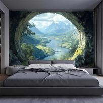 1pc 2D Flat Mountain and Cave Scenery Tapestry - Polyester Fabric, Machine Washable, Suitable for Living Room, Bedroom 70x100cm gray