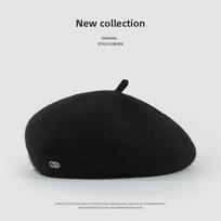 British retro wool beret female autumn and winter painter hat showing face small versatile warm hat One Size (55-58cm) black