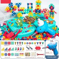 Children Toys Tool Set Electric Drill Screw Nut 3D Puzzle Toys Pretend Play Dinosaur Drilling Assembly Educational Toys for Boys blue