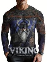 Viking Warrior Print Long Sleeve T-Shirt, Unique Norse Themed Casual Top 5XL gray