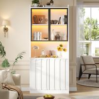 80x35x200cm LED Tall Display Cabinet with Glass Doors and Open Partition, for Living Room, Kitchen, Study, Entrance Area, White 80 x 35 x 200 cm balta