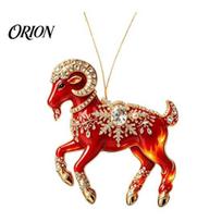 Festive Flame Red Pendant Acrylic Goat Christmas Tree Pendant, Decorative Hanging Ornament with Decoration Rhinestone, Golden Cord for New Year Party