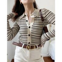 Autumn Fashion Stripe Printed Women Cardigan Sweater Slim Fit Vintage Long Sleeve Knitted Office Shirt Elegant Lapel Casual Top Clothing One Size gray