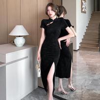 Women New Chinese Style Short Sleeve Mandarin Collar Ruched High Slit Bodycon Qipao Dress Slim Fit Jacquard Evening Party Midi Cheongsam Gown L juoda
