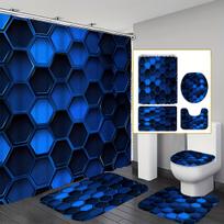 4Pcs Blue Hexagon Shower Curtain Set with Non-Slip Bath Mat, Toilet Lid Cover, Contour Rug & 12 Hooks, Bathroom Decor 4PCS-Full Set blue