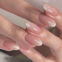 24pcs Detachable White Edge Fake Nials Press on Nails French Gradient Pink Short Round False Nails JP2324