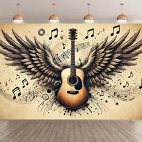 Edgy Music Tapestry, Grunge-Style Guitar with Wings and Notes, Cool and Artistic Rock 'n' Roll Wall Art 47.2x31.5inch/120*80cm black