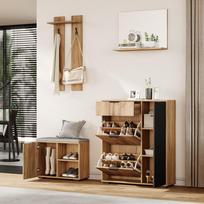 Hallway Wardrobe Set, Coat Rack with Shoe Bench and Shoe Cabinet, 1 Mirror, 1 Drawer, 2 Hooks, 4 Doors, natural color and black, W140 × T35 × H139 cm 140 x 35 x 139 cm natūrali