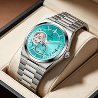 Vyriškas automatinis mechaninis laikrodis Tiffany mėlynas tuščiaviduris ciferblatas skeletas nerūdijančio plieno apyrankė šviesios rankenėlės atsparus vandeniui blue