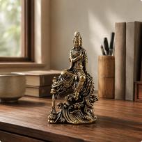 Guanyin Figurine Antique Finish Desktop Carved Folds Small Brass Statue brown