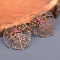 Natural Pink Ruby Hook Electroformed Dangling Wife Gift Earrings Jewelry Copper V-49 brown