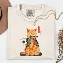 Samurai Cat Shirt, Japanese Tattoo Katana Kitty Graphic Tee, Koi Fish Anime Streetwear S beige