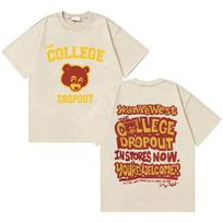 Washed Vintage Rapper Kanye West The College Dropout Bear Double Sided Print T-shirts Men Women M beige