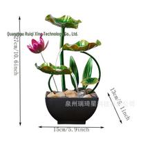 Feng Shui Desktop Fountain with Light - Iron Art Lotus Leaf Design in Golden Green black