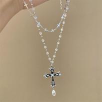 Sweet Edgy Layered Cross Pendant Necklace For Women Unique Personality Choker Collarbone Chain Gothic Jewelry gray