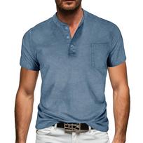 Men Henley Neck Short Sleeve T Shirt Casual Pocket Design Button Up Lightweight Soft Fabric Top for Daily Wear M mėlyna