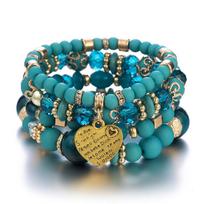 4Pcs Bohemia Acrylic Beaded Bracelet Set For Women Solid Heart Charm Elastic Chain Bangle Men Retro Daily Wear Jewelry Gift beige