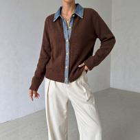 Women Loose Long Sleeve Denim Patchwork Fake Two Piece Turn Down Collar Knit Cardigan M kava