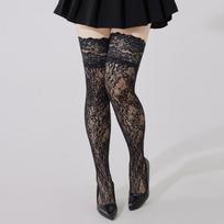 Women Plus Size Thigh High Stockings Sexy Hollow Out Lace Stocking Summer Breathable Sheer Nylon Silicone Stretchy Hosiery One Size gray