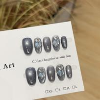 Women Oval Press‑On Nails Pure‑Handmade Cold Gray Cat Eye Short Light‑Luxury False Nail Patches L gray