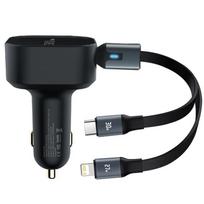 New telescopic cable, car charger, cigarette lighter, car charging point, super fast charging, suitable for Xiaomi, Huawei, Apple 15. F735(C+C) juoda